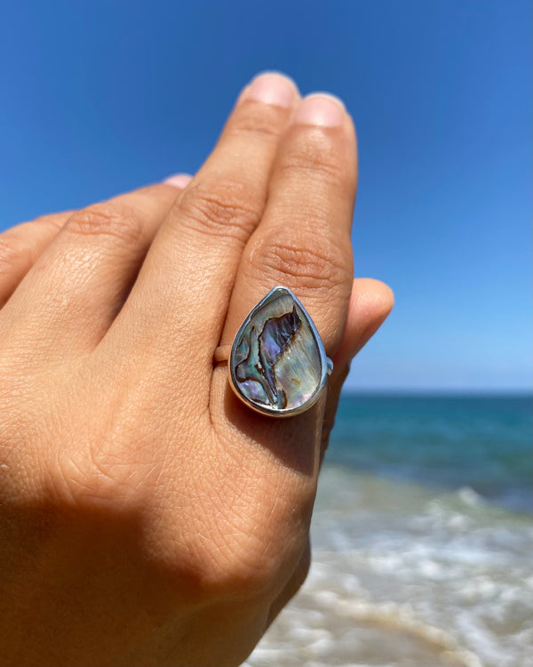 magic ocean abalone tear drop ring in silver, size 6.75