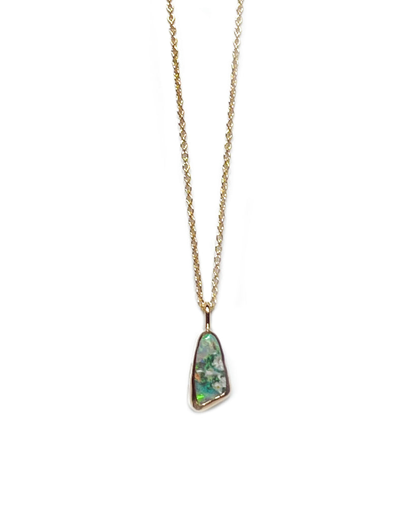 semi raw Australian opal triangle necklace in 14k gold filled