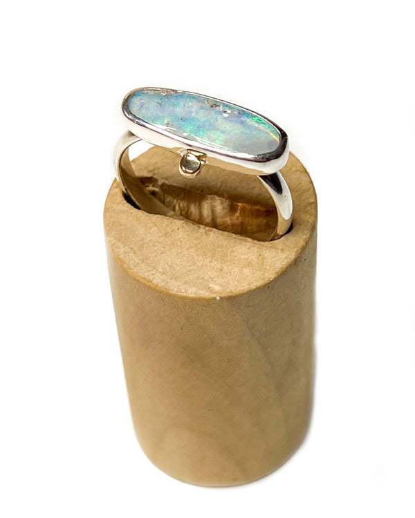 Australian Lightning Ridge opal ring in silver + 14k gold detail, size 7.5