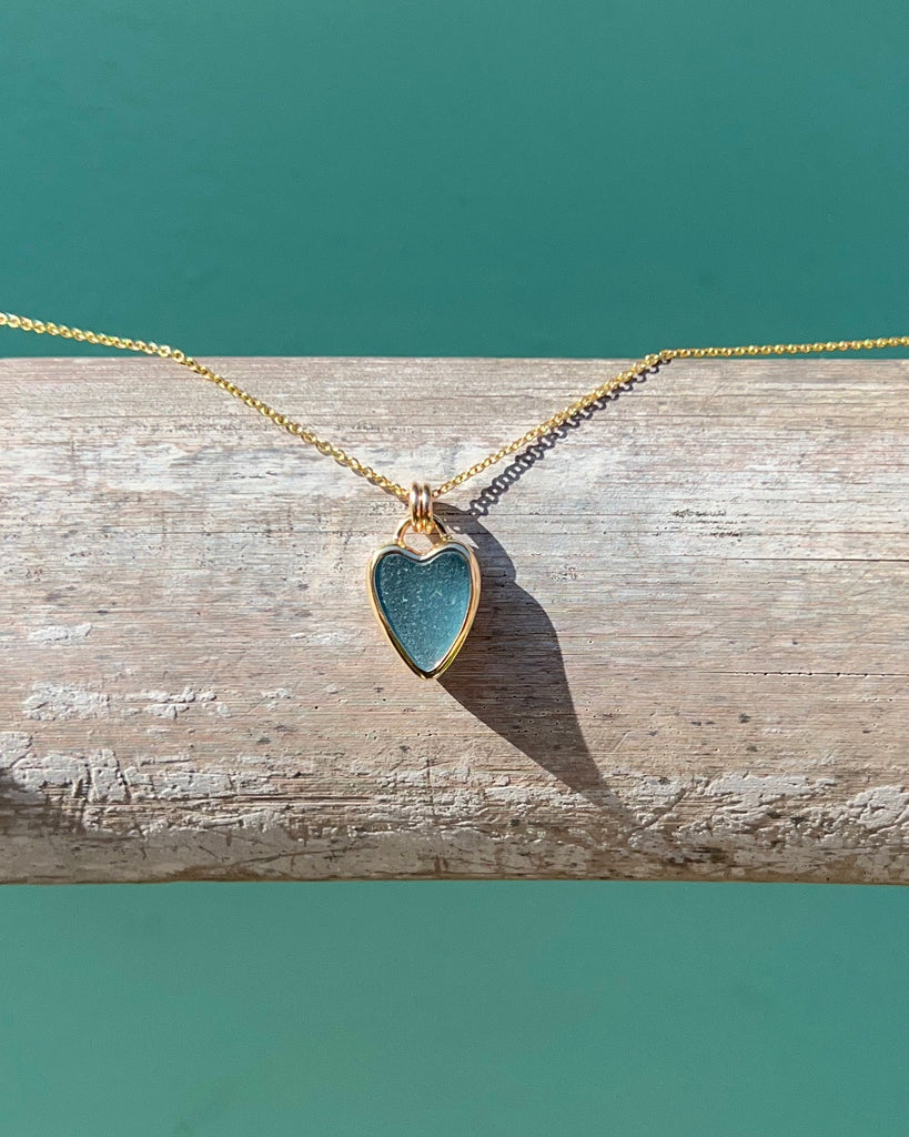 Sky Blue Sea Glass Heart Pendant in Solid 14k Gold