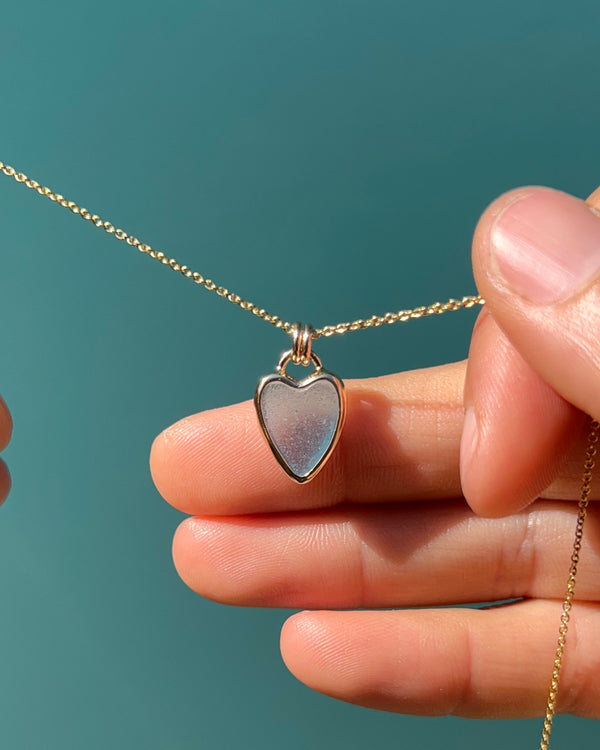 Sky Blue Sea Glass Heart Pendant in Solid 14k Gold