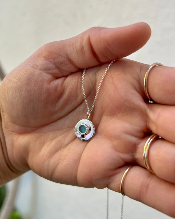Sea Glass Medallion in Recycled Silver + 10k Gold