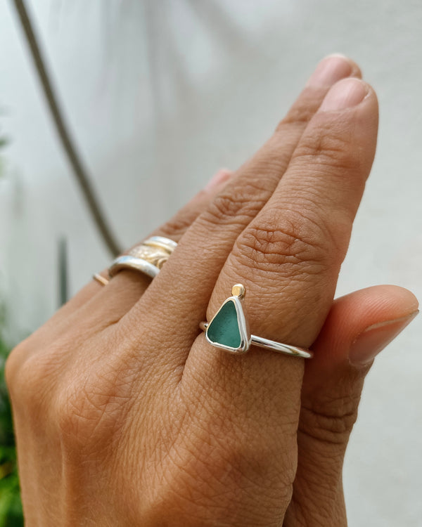 Aqua Blue Sea Glass Stacking Ring in Silver + 14k Gold Detail, Size 6.25