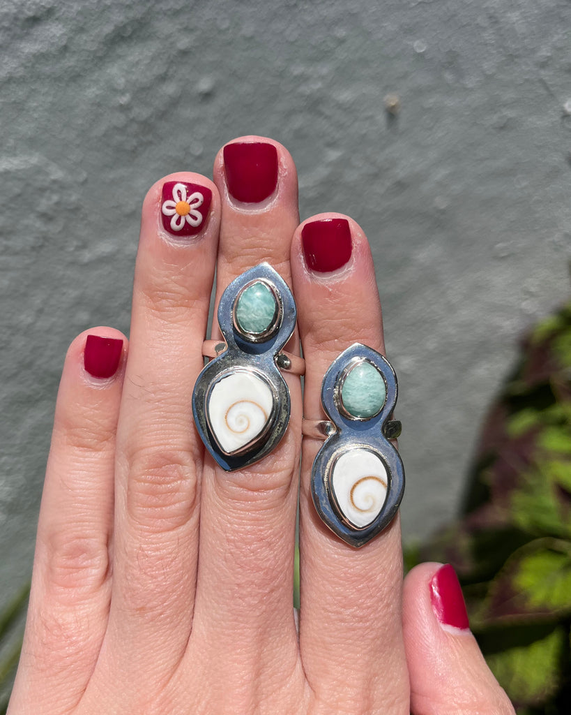 amazonite + operculum shell rings in sterling silver