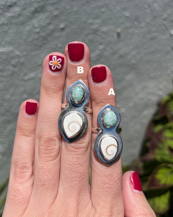 amazonite + operculum shell rings in sterling silver