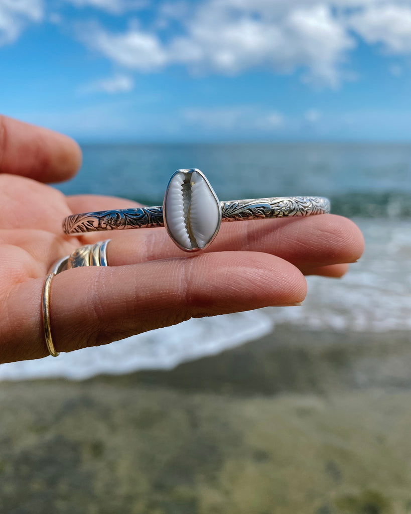 Cowrie Shell on a Floral Sterling Silver Cuff