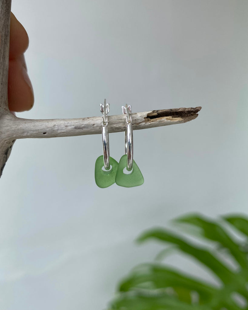 reserved for Rose - mini silver hoops with green sea glass