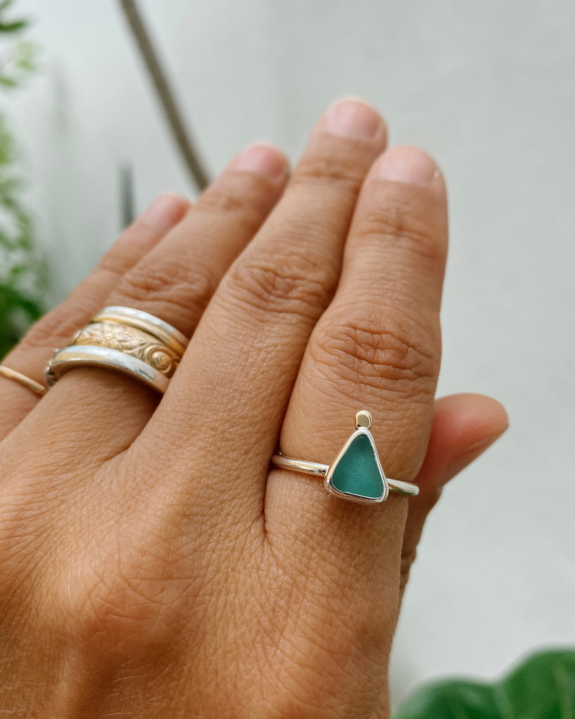 Aqua Blue Sea Glass Stacking Ring in Silver + 14k Gold Detail, Size 6.25