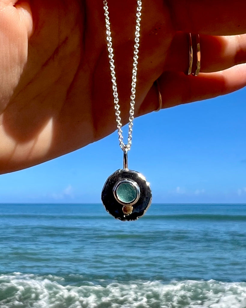 Sea Glass Medallion in Recycled Silver + 10k Gold
