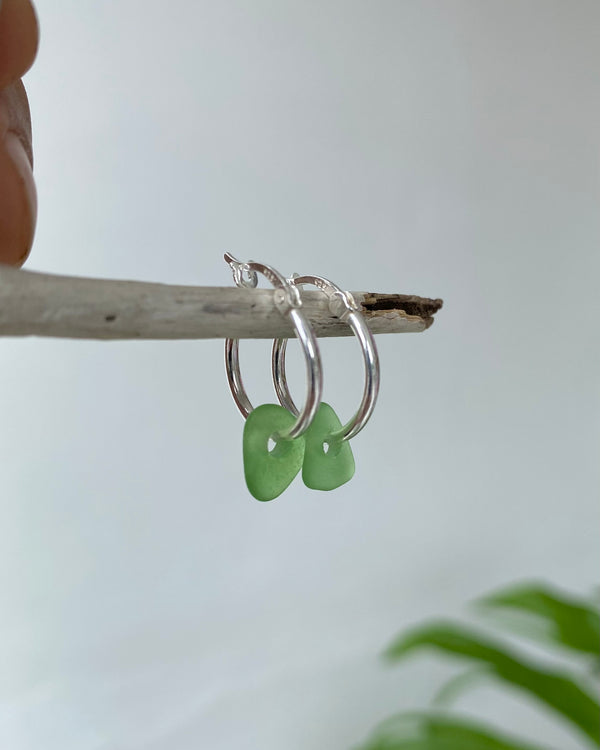 reserved for Rose - mini silver hoops with green sea glass
