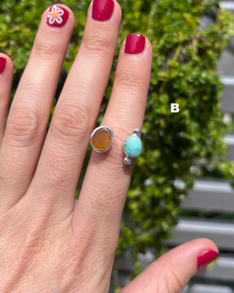 turquoise + amber sea glass rings in sterling silver