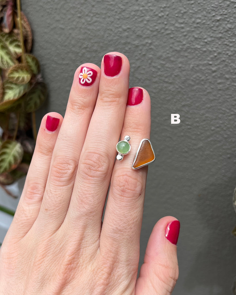 chrysoprase + amber sea glass rings in sterling silver