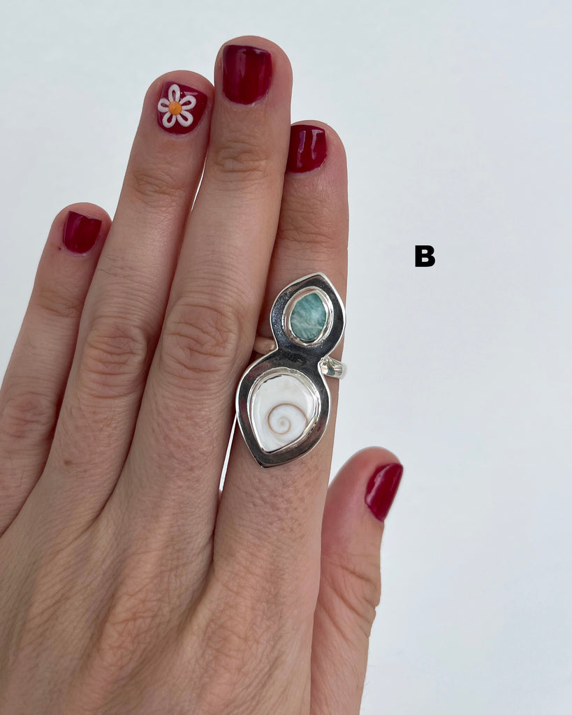 amazonite + operculum shell rings in sterling silver