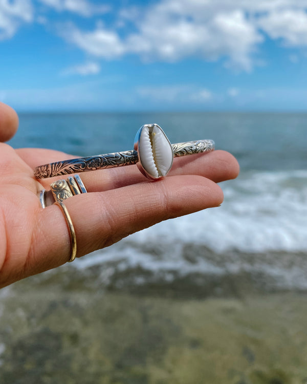 Cowrie Shell on a Floral Sterling Silver Cuff