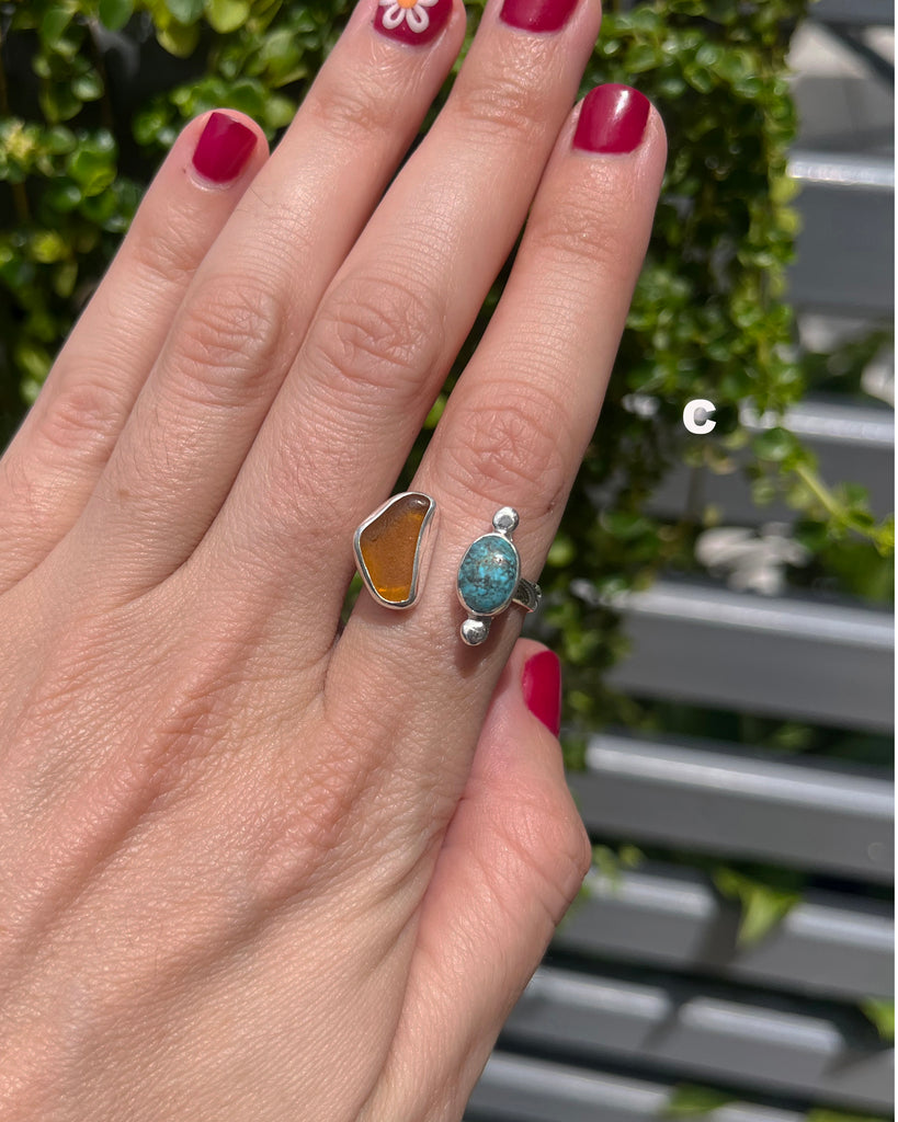 turquoise + amber sea glass rings in sterling silver