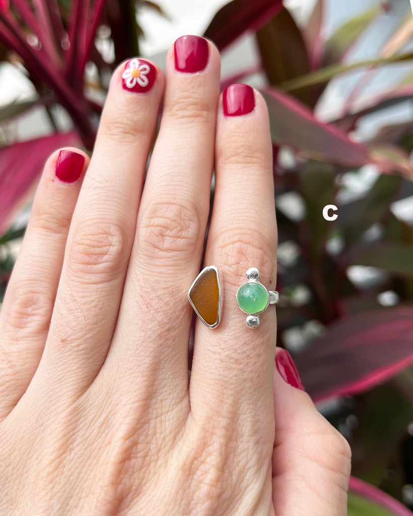 chrysoprase + amber sea glass rings in sterling silver