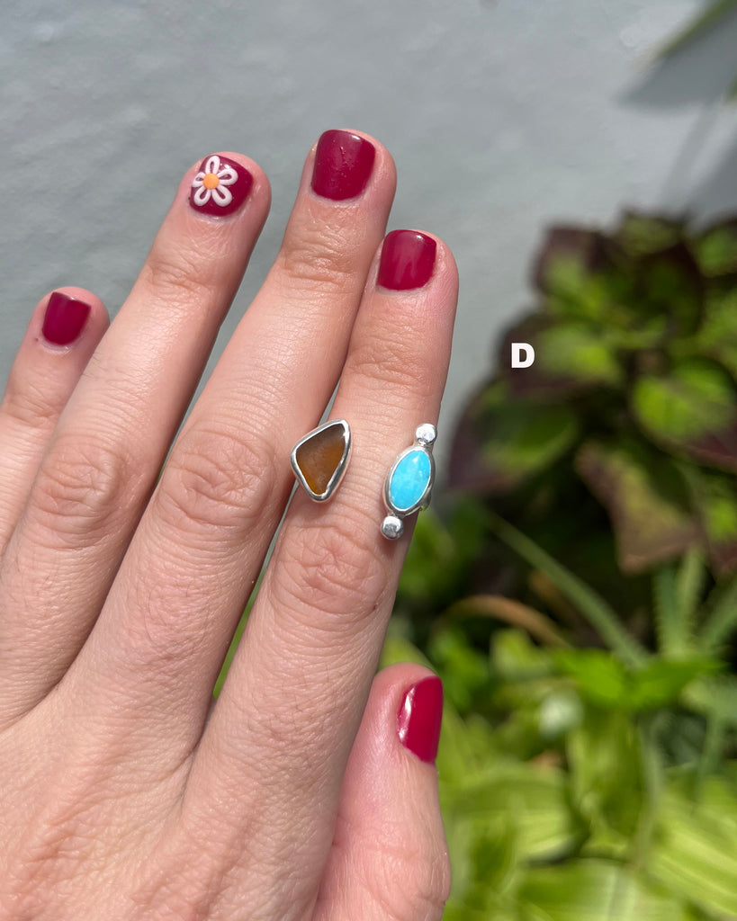 turquoise + amber sea glass rings in sterling silver