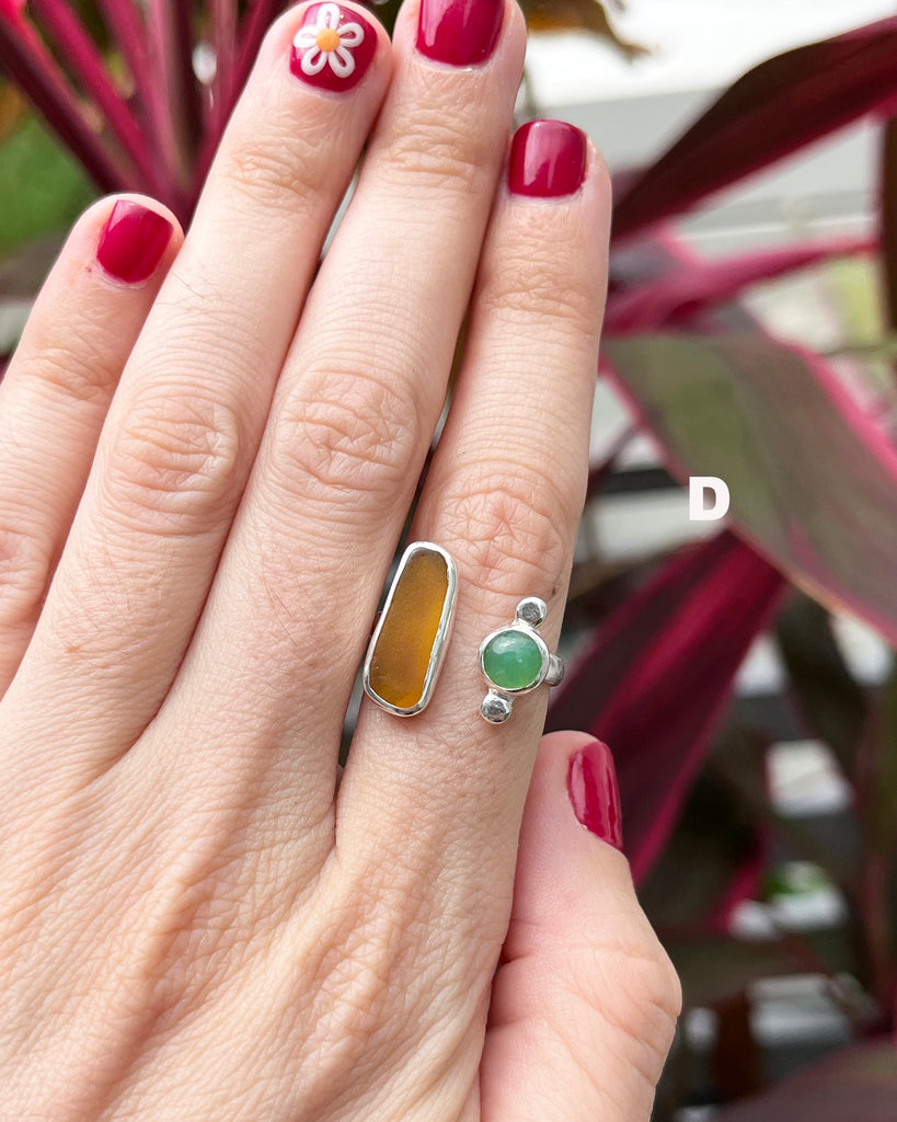 chrysoprase + amber sea glass rings in sterling silver
