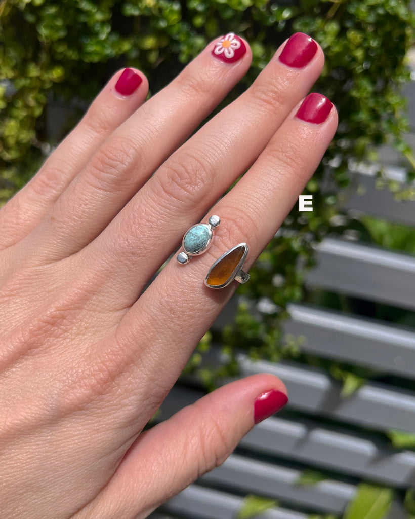 turquoise + amber sea glass rings in sterling silver