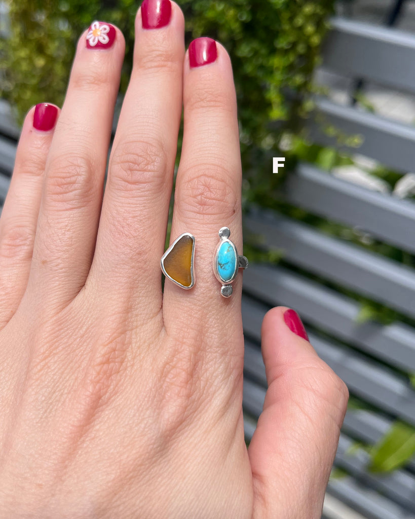 turquoise + amber sea glass rings in sterling silver