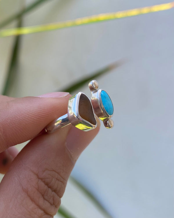 turquoise + amber sea glass ring in sterling silver, size 5
