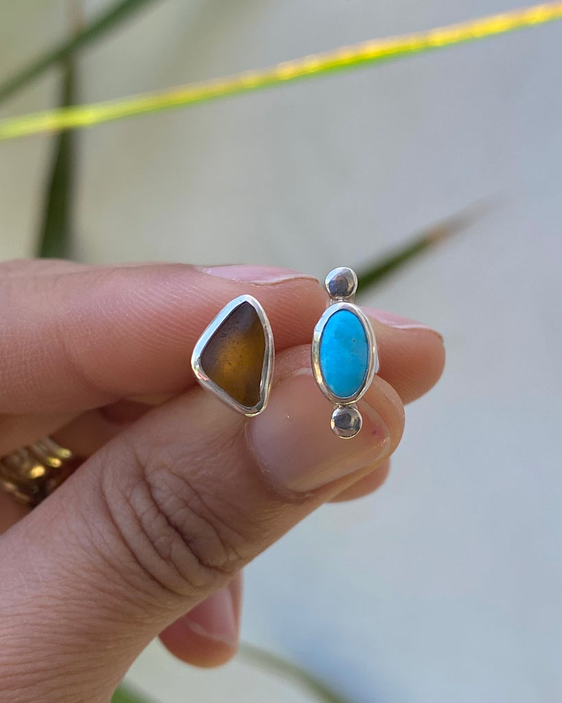 turquoise + amber sea glass ring in sterling silver, size 5