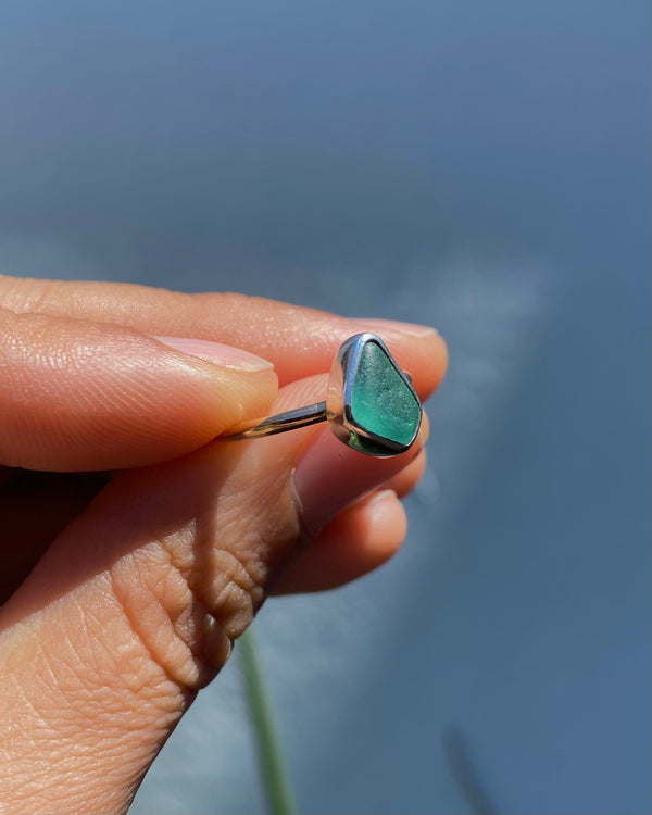 teal sea glass ring in mixed metals, size 5