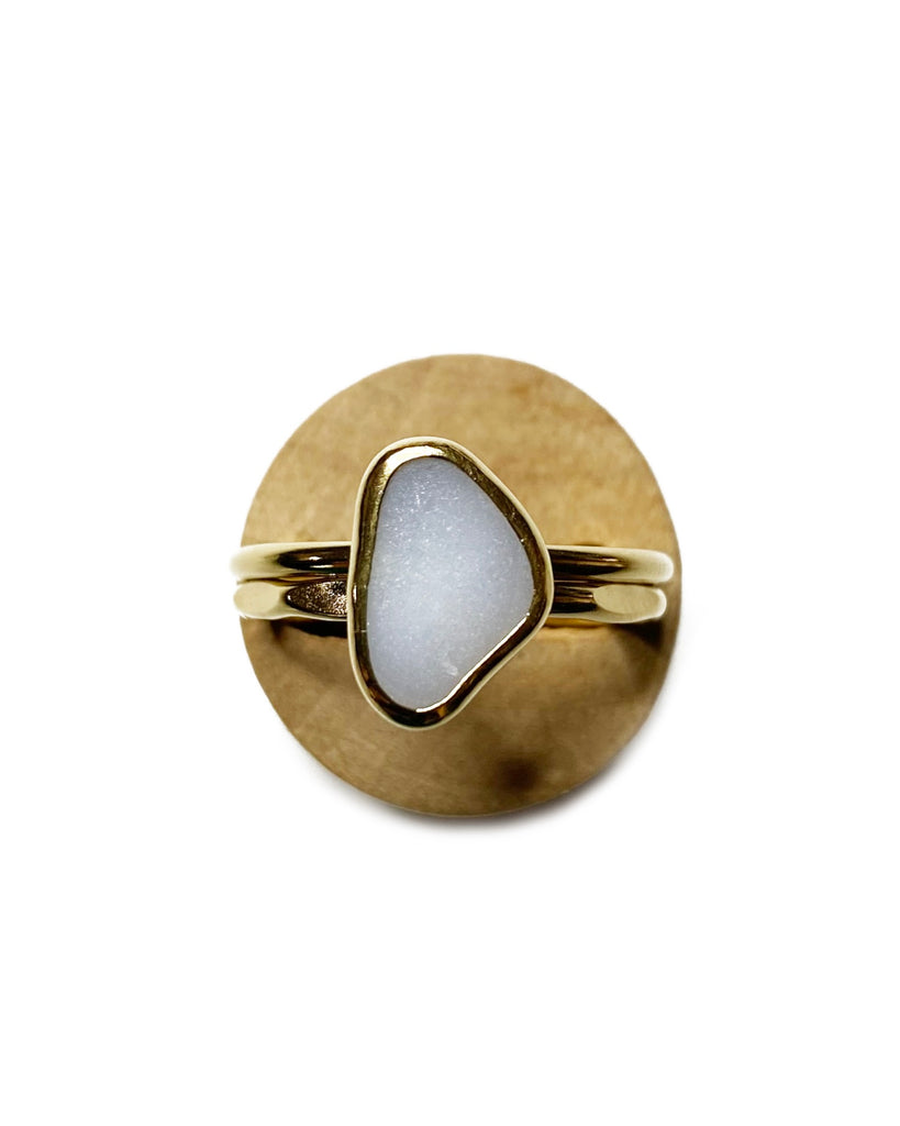 white milk glass on double stacking ring in 14k gold filled, size 8.25