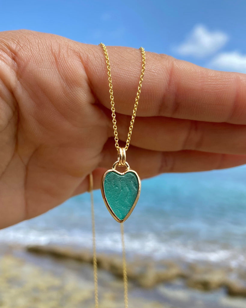 Rare Bright Teal Green Patterned Sea Glass Heart in Gold