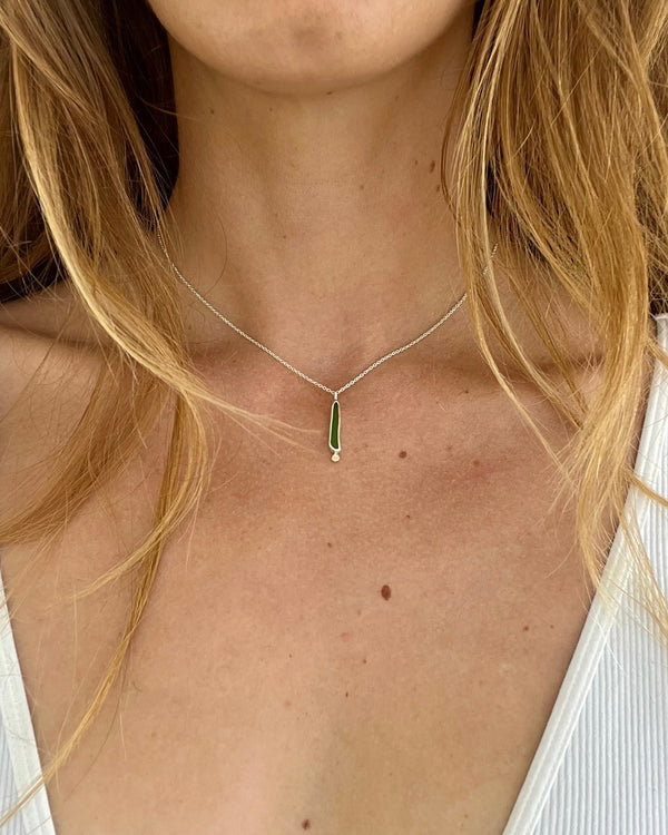 long green sea glass pendant in silver + 14k gold