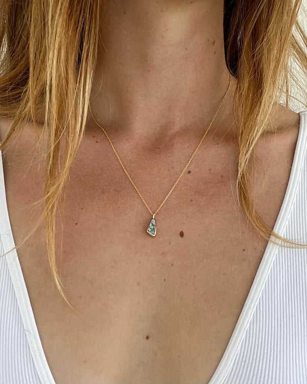 semi raw Australian opal triangle necklace in 14k gold filled