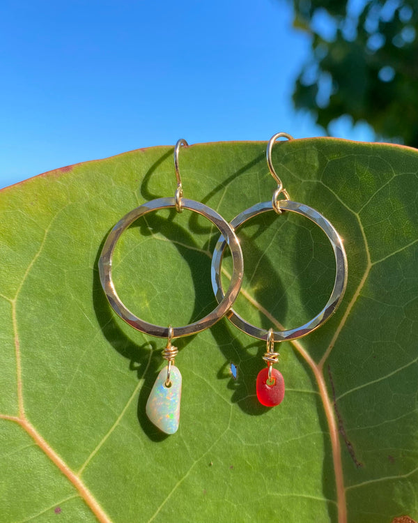 Rare Red Sea Glass and Sparkly Australian Opal Hoops in Gold
