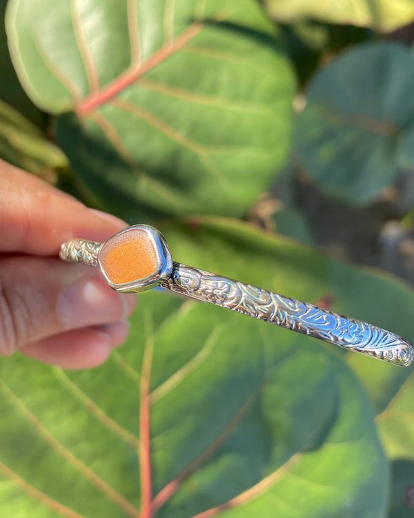 Amber Sea Glass on a Sterling Silver Floral Cuff