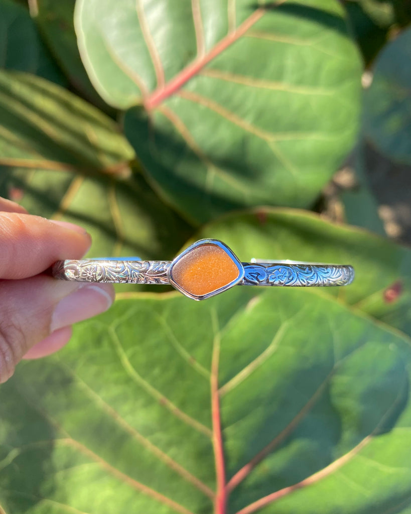 Amber Sea Glass on a Sterling Silver Floral Cuff
