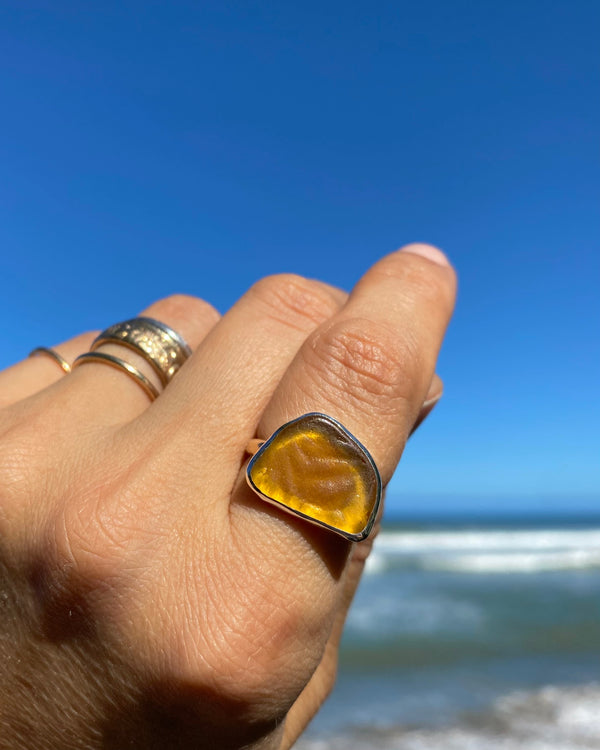 Yellow Sea Glass Ring in Mixed Metals, 7
