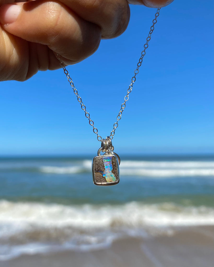 Double Sided Square Australian Boulder Opal Necklace in Silver