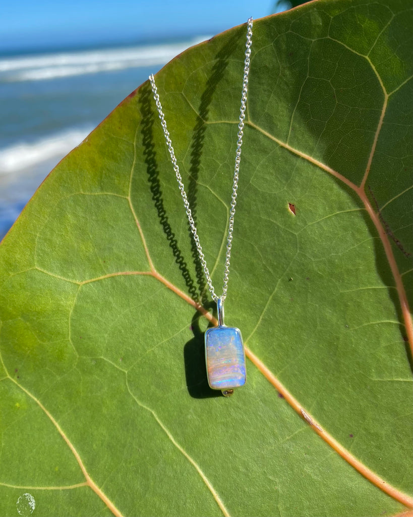 Pink and Purple Rectangle Boulder Opal Necklace in Mixed Metals