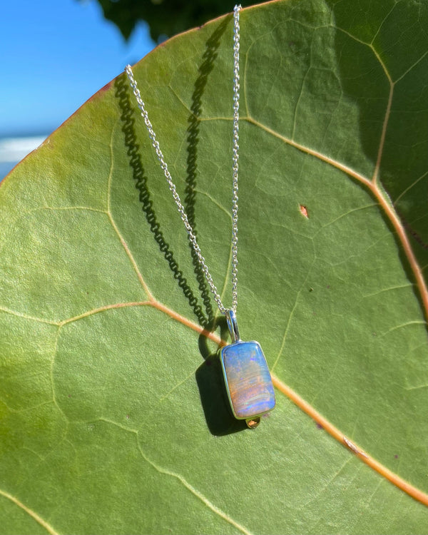 Pink and Purple Rectangle Boulder Opal Necklace in Mixed Metals