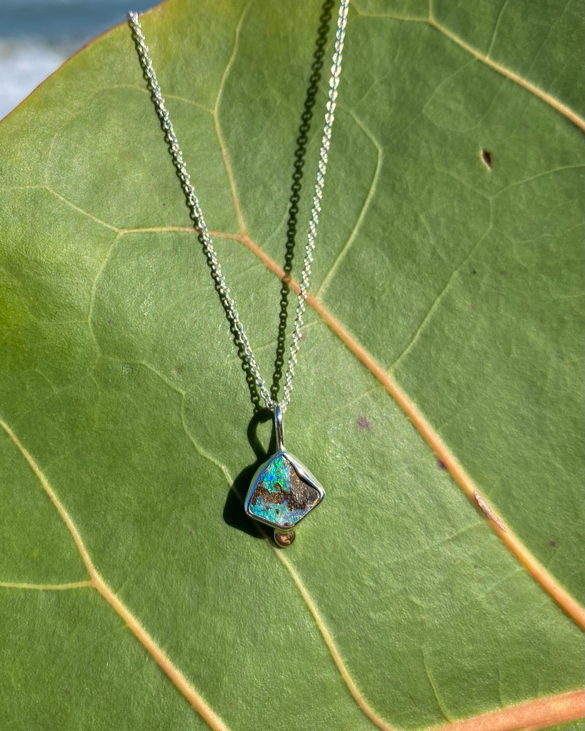 Half Polished Australian Boulder Opal Necklace in Mixed Metals