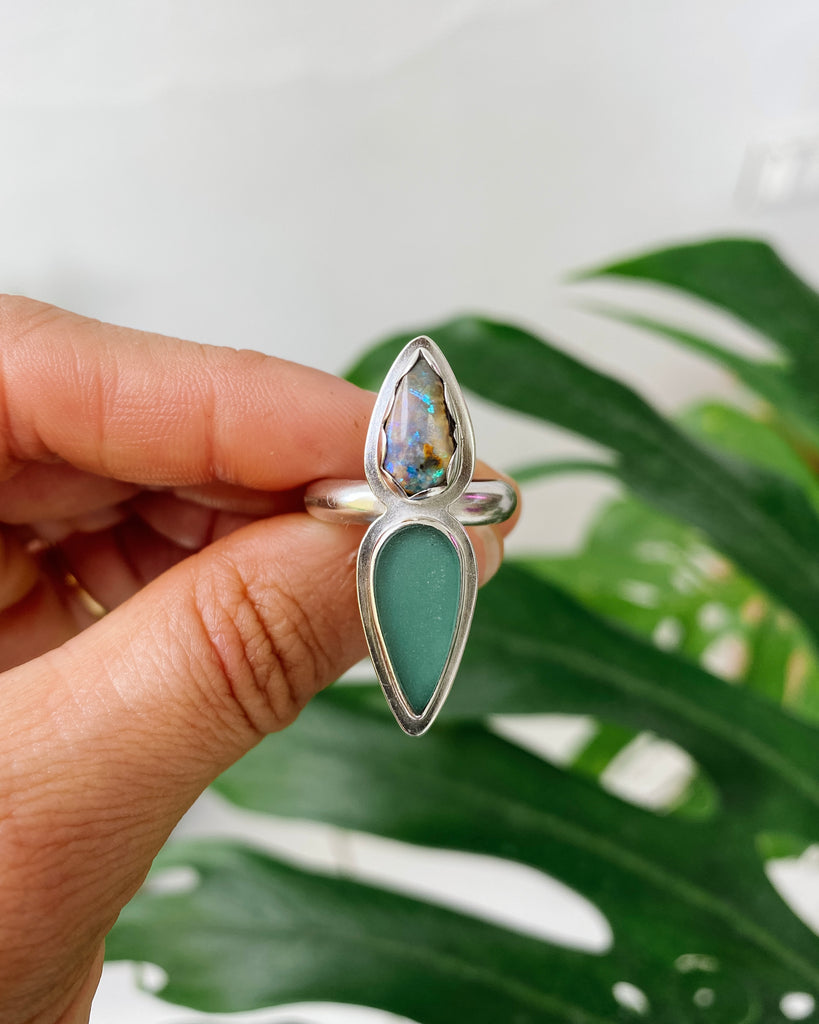Teardrop Opal & Sea Glass Ring in silver, size 7