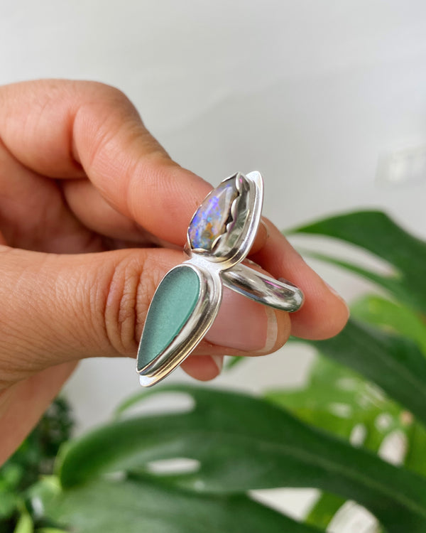 Teardrop Opal & Teal Seaglass Ring in silver, size 7