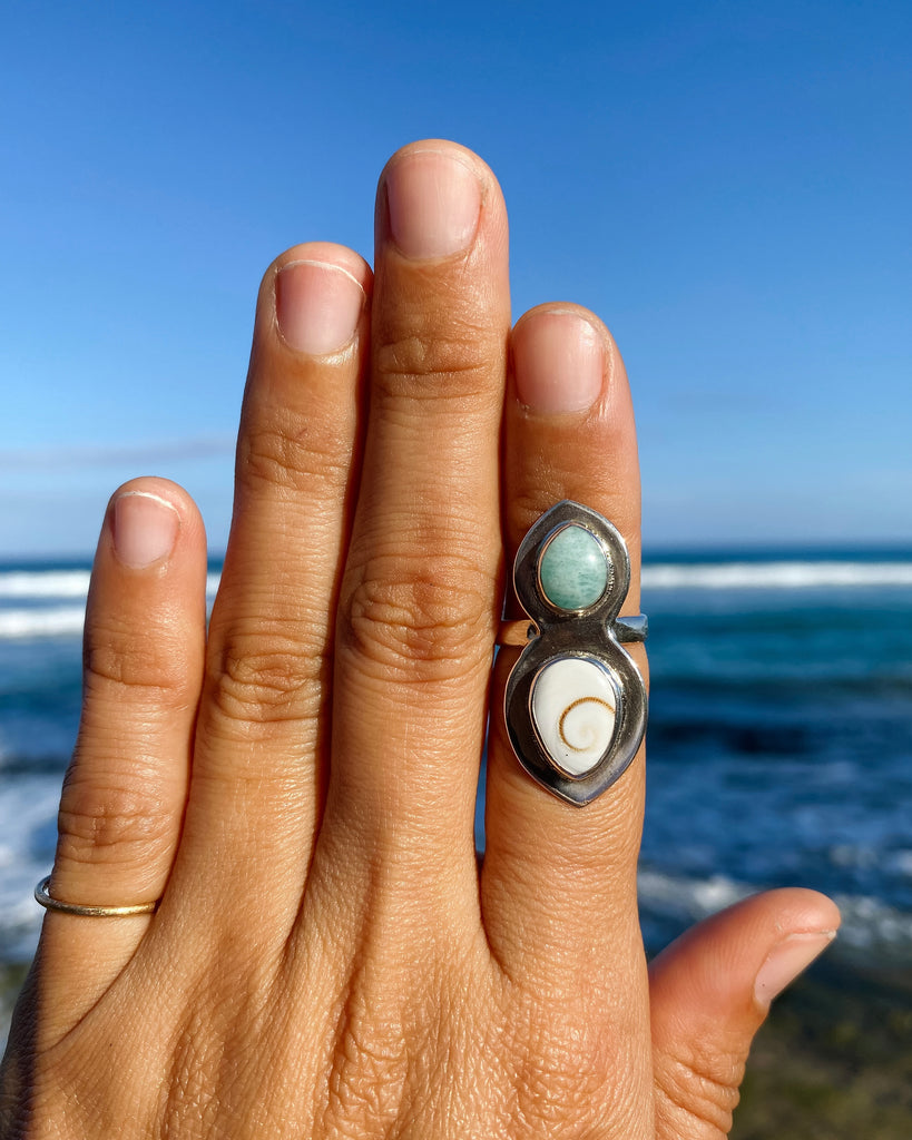 Amazonite & Operculum Ring in Sterling Silver, size 5.5