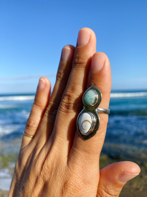 Amazonite & Operculum Ring in Sterling Silver, size 5.5