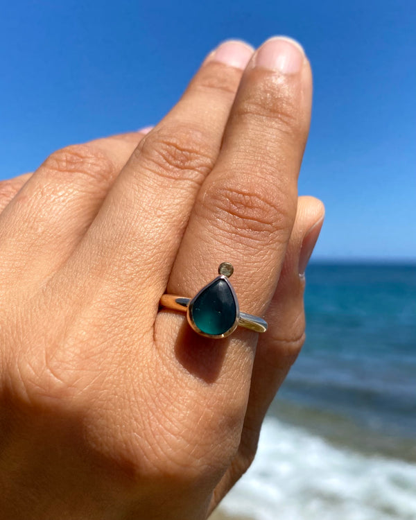 semi polished teal green sea glass ring in 14k gold filled, size 6.75