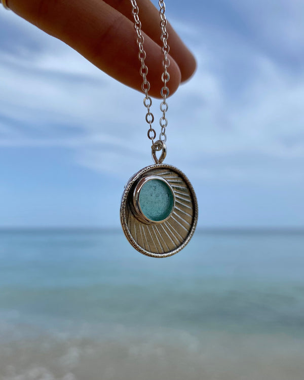 sea glass sun medallion necklace on silver chain