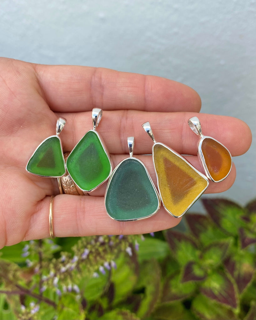 sea glass pendants - ambers & greens