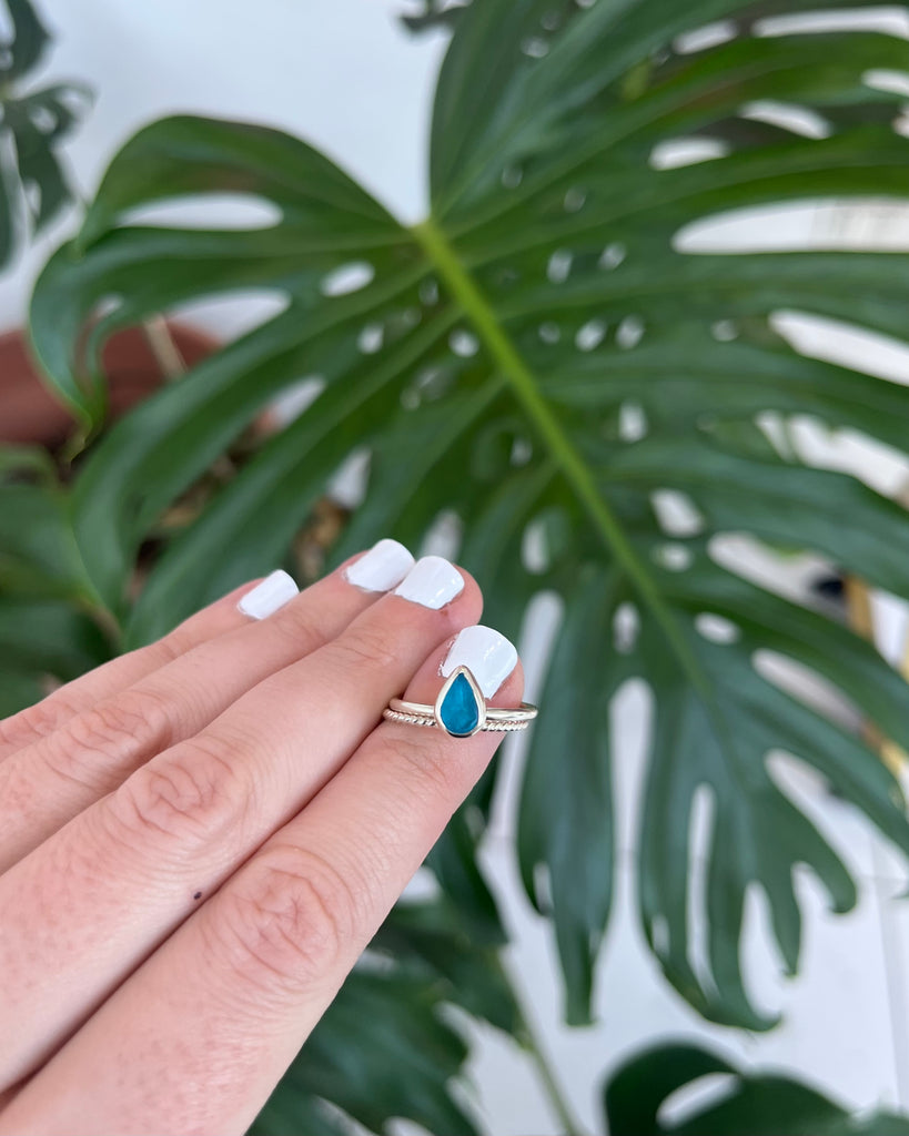 Electric Blue Sea Glass Ring with stacking ring in sterling silver, size 5.5