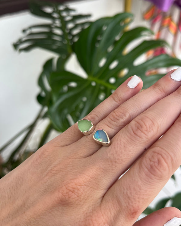 Teardrop Opal & Seafoam Sea Glass Ring on floral silver band, size 6.5