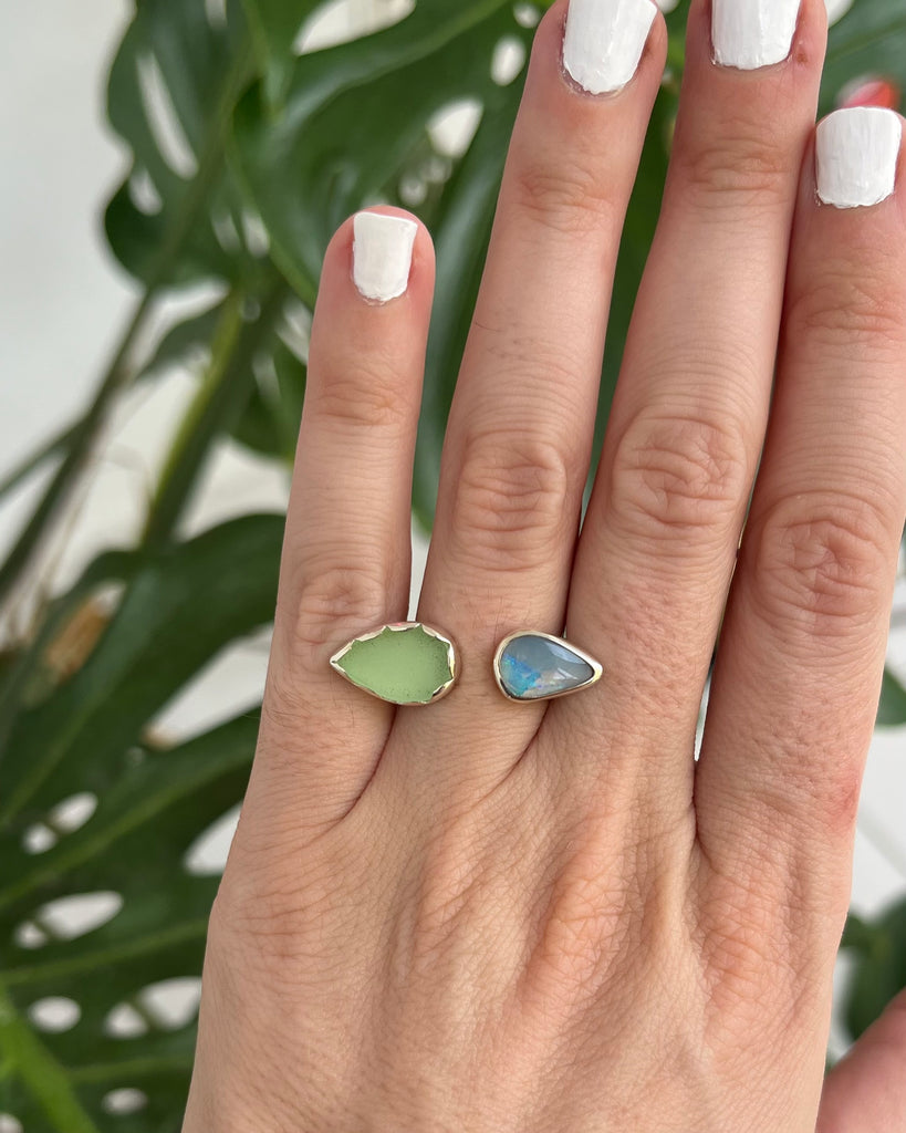 Teardrop Opal & Seafoam Sea Glass Ring on floral silver band, size 6.5