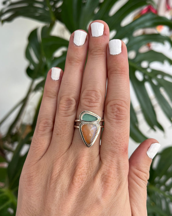 Triangle Opal & Sea Glass Ring on double silver band, size 7.5